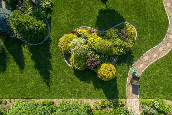 Ariel view of landscaped yard